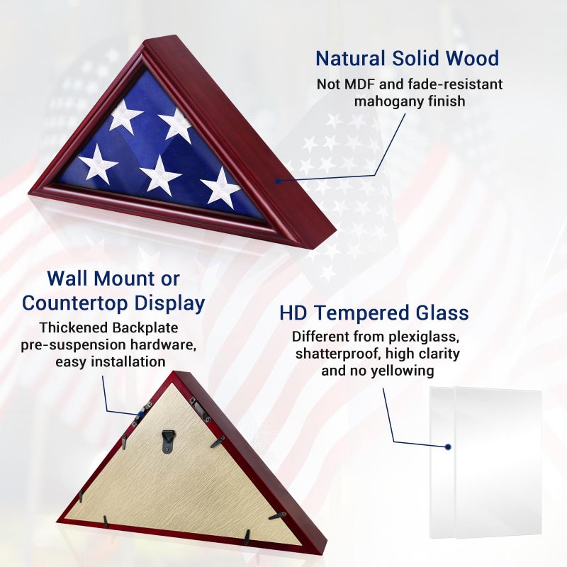 ASmileIndeep Flag Display Case for Small Flag, 3' x 5' American Flag Shadow Box with HD Tempered Glass and Wall Mount (Not for Burial Flag), Triangle Flag Holder Frame for Folded Flag - Mahogany - Image 3
